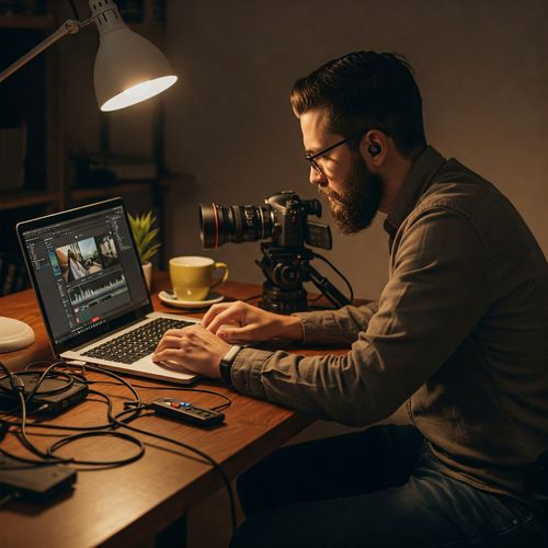 Un tânăr creator de conținut video lucrează la editarea unui videoclip pe laptopul său, într-un cadru de lucru nocturn. Pe birou se află o cameră video profesională pe trepied, o cană de cafea și diverse cabluri, sugerând procesul creativ și tehnic din spatele realizării conținutului pentru YouTube. Lumina caldă a lămpii de birou se concentrează pe spațiul de lucru, evidențiind dedicarea și efortul necesar pentru a genera venituri din platforma video.