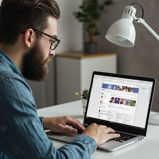 Imaginea prezintă un antreprenor modern, concentrat la laptop, explorând oportunitățile de a genera venituri pe Facebook. Descoperă în articol 10 idei profitabile pentru a monetiza prezența online în 2025.