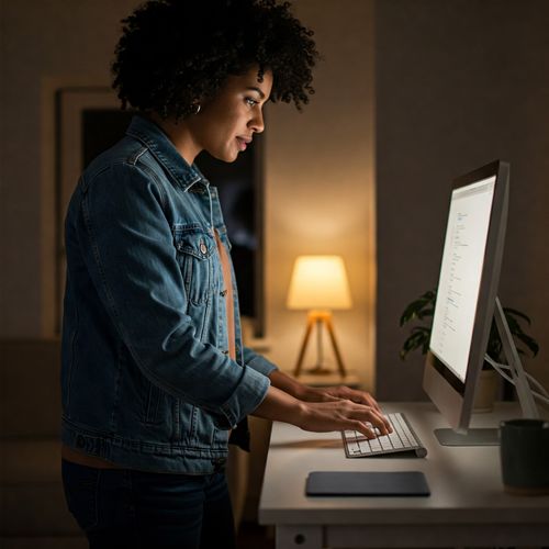 O tânără afro-americană, cu părul creț și o atitudine concentrată, stă în fața unui calculator, tastând cu entuziasm. Poartă o geacă din denim peste un tricou confortabil și blugi negri, reflectând un stil profesional relaxat. Ecranul calculatorului strălucește puternic, luminându-i fața și creând un contrast dinamic cu mediul înconjurător. Fundalul este estompat intenționat, folosind o profunzime de câmp redusă, pentru a focaliza atenția asupra interacțiunii persoanei cu calculatorul. O lumină caldă și delicată luminează persoana și împrejurimile, creând o atmosferă calmă și primitoare. Imaginea este capturată cu o lentilă de 50mm, ideală pentru a surprinde momentul candid al unei persoane implicate într-o sarcină pe calculator.