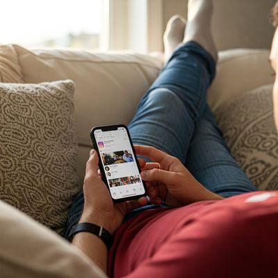 O persoană se relaxează pe o canapea confortabilă, navigând pe Instagram. Imaginea surprinde momentul de inspirație și relaxare, simbolizând potențialul de a transforma pasiunea pentru Instagram într-o sursă de venit stabilă.