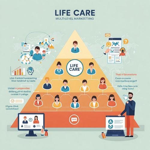 imaginea contine o piramida mlm in care se regasesc mai multi reprezentanti de vanzari si in interiorul ei este scris Life Care.