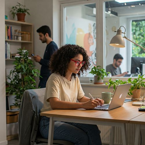 Imaginea prezintă o tânără cu părul lung și ondulat, purtând ochelari roșii, concentrată la laptopul său într-un birou de acasă modern și luminos. Biroul este ordonat, cu o cană și un stilou la îndemână, sugerând un mediu de lucru productiv. În fundal, se observă un tânăr care utilizează un smartphone, relaxat lângă o bibliotecă. În plan îndepărtat, un spațiu de co-working aglomerat, cu oameni de diverse etnii lucrând la computere, adaugă o notă de comunitate și colaborare. Lumina naturală abundentă și plantele verzi creează o atmosferă primitoare și inspirațională.