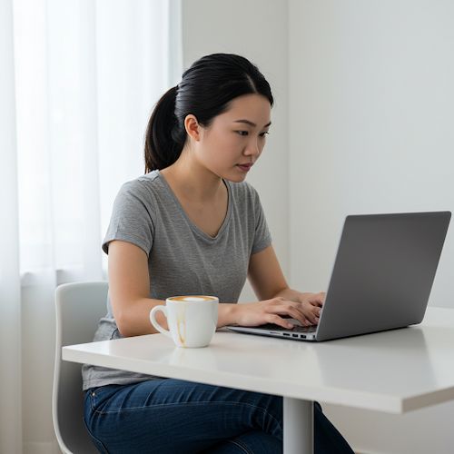 O femeie tânără lucrează la un laptop într-o cafenea. Are o ceașcă de cafea pe masă și poartă o pereche de căști.