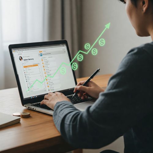 Persoană completând sondaje online pe laptop pentru a câștiga bani. Grafic verde ascendent simbolizând creșterea veniturilor din sondaje plătite. Bani Online din Sondaje - Laptop cu Grafic de Creștere. Imagine care ilustrează conceptul de a câștiga bani online prin completarea sondajelor de opinie pe un laptop. Un grafic verde ascendent sugerează potențialul de creștere a veniturilor din această activitate. Ideal pentru articole despre cum să faci bani din sondaje online.