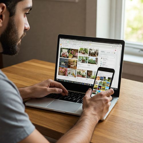 Un bărbat lucrează pe un laptop și un smartphone, ambele afișând pagini Pinterest cu diverse pin-uri de produse și articole, ilustrând activitatea de monetizare a platformei.