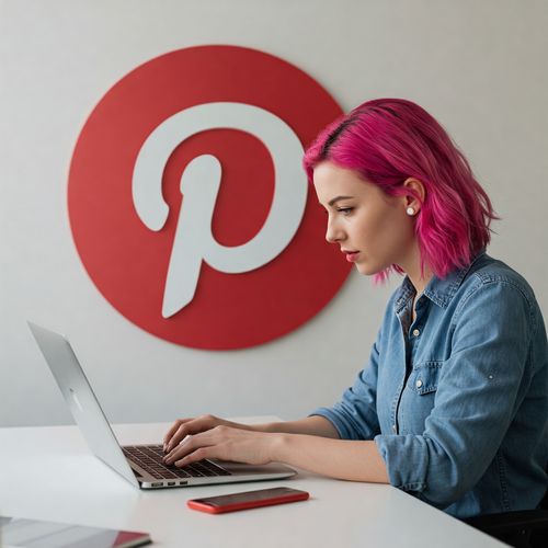 O imagine a unei persoane care lucrează pe un laptop, cu pictograma Pinterest în fundal. Persoana este concentrată și pare să creeze sau să editeze conținut pentru Pinterest. Pictograma Pinterest este mare și vibrantă, ceea ce indică importanța platformei.