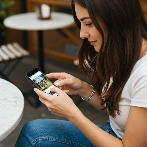 O femeie tânără stă la o cafenea, folosind telefonul pentru a posta o fotografie pe Instagram. Poartă o ținută casual, formată dintr-un tricou alb și blugi albaștri, și este așezată la o masă de cafenea, într-o cafenea luminoasă și bine luminată. Imaginea de pe ecranul telefonului este o fotografie vie a unei zile de vară, un exemplu clar al tipurilor de conținut adesea partajat pe Instagram. Expresia ei este una de interes ușor, în timp ce derulează feed-ul. O lumină moale, naturală, îmbăie scena, evidențiind expresia ei concentrată în timp ce își împărtășește momentul online. Imaginea este făcută la nivelul ochilor, într-un stil casual, surprinzând un moment sincer din viața de zi cu zi.