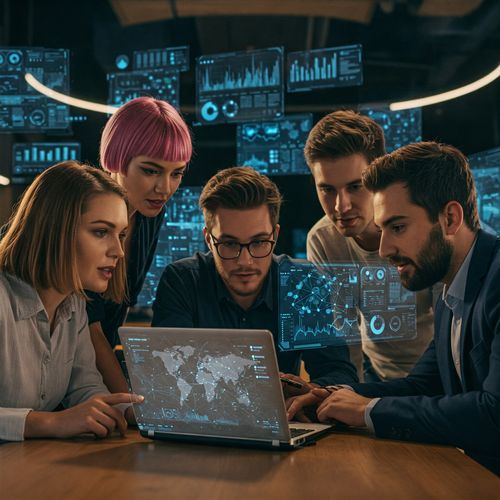 Imaginea prezintă un grup divers de tineri profesioniști, inclusiv o femeie cu un bob roz vibrant și un bărbat cu o barbă îngrijită, colaborând în jurul unui laptop elegant, argintiu, într-un cadru futurist. Pe fundal, se află o gamă fascinantă de proiecții holografice, care prezintă vizualizări de date abstracte, reprezentând idei de afaceri inovatoare și progrese tehnologice care modelează viitorul afacerilor în 2025. Ecranul laptopului afișează o rețea complexă de noduri interconectate, simbolizând conectivitatea globală și colaborarea în era digitală. Scena este surprinsă într-un stil cinematografic de înaltă calitate, cu o iluminare ambientală caldă, care accentuează elementele futuriste. Această compoziție dinamică utilizează un unghi larg și un efect de focalizare ușoară, capturând energia vibrantă a eforturilor de colaborare ale echipei și potențialul imens al ideilor de afaceri inovatoare în viitorul apropiat.