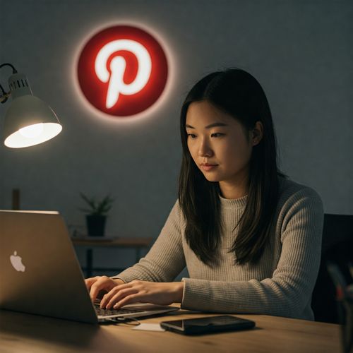 O tânără asiatică lucrează pe un laptop, optimizând conținutul pentru Pinterest, cu logo-ul platformei iluminat subtil în fundal, simbolizând importanța SEO pentru succesul pe Pinterest.