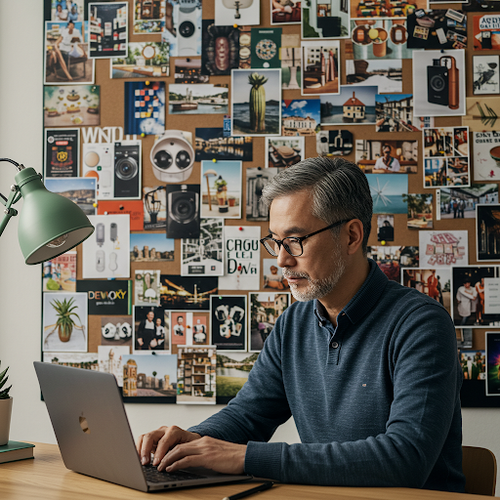 O imagine a unui om care lucrează la un laptop, înconjurat de un panou Pinterest plin cu imagini de diferite produse și servicii.