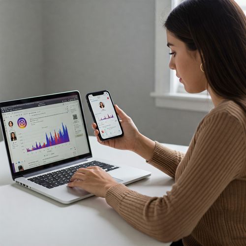 O persoană analizează creșterea numărului de urmăritori pe Instagram pe un laptop și un smartphone.